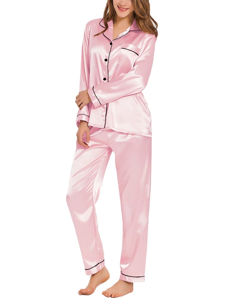 SWOMOG Womens Silk Satin Pajamas Long Sleeve Loungewear Two-piece Sleepwear Button-Down Pj Set Pink - Image 1